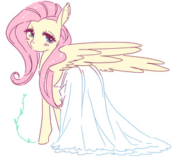 Size: 711x654 | Tagged: safe, artist:pasikon, fluttershy, pegasus, pony, g4, blushing, clothes, cute, dress, female, looking at you, looking back, looking back at you, mare, shyabetes, simple background, solo, spread wings, standing, turned head, white background, white dress, wings