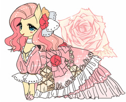 Size: 706x573 | Tagged: safe, artist:pasikon, fluttershy, pony, g4, blushing, bow, clothes, dress, female, flower, frilly dress, hair accessory, hair bow, hoof shoes, jewelry, lolita fashion, looking at you, mare, necklace, rose, simple background, smiling, solo, standing, three quarter view, white background
