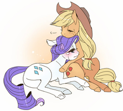 Size: 730x656 | Tagged: safe, artist:pasikon, applejack, rarity, earth pony, pony, unicorn, g4, comforting, crying, female, flushed face, lesbian, mare, ship:rarijack, shipping