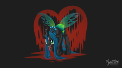 Size: 1920x1080 | Tagged: safe, artist:mysticalpha, queen chrysalis, changeling, changeling queen, g4, crown, female, heart, jewelry, open mouth, raised hoof, regalia, solo, tongue out, wallpaper