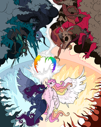 Size: 1600x2000 | Tagged: dead source, safe, artist:php15, discord, lord tirek, nightmare moon, princess celestia, princess luna, queen chrysalis, g4, eldritch abomination, magic, magic blast, magic of friendship, redesign, spread wings, wings