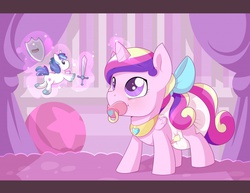 Size: 1280x987 | Tagged: safe, artist:cuddlehooves, princess cadance, shining armor, pony, g4, :t, baby, baby pony, blushing, bow, cuddlehooves is trying to murder us, cute, cutedance, daaaaaaaaaaaw, diaper, eyes on the prize, foal, hair bow, hnnng, magic, pacifier, playing, plushie, poofy diaper, puffy cheeks, smiling, sword, telekinesis, weapons-grade cute, younger