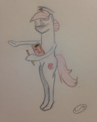 Size: 2448x3070 | Tagged: safe, artist:coffee mixer, nurse redheart, g4, clipboard, colored, eyes closed, female, hat, high res, nurse hat, pencil, smiling, solo, standing, traditional art