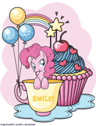 Size: 2308x3000 | Tagged: safe, artist:ringochan94, pinkie pie, earth pony, pony, g4, balloon, cup of pony, cupcake, cute, female, high res, micro, solo, teacup