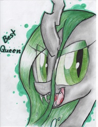 Size: 2544x3304 | Tagged: dead source, safe, artist:pop-roxy, queen chrysalis, changeling, changeling queen, g4, best pony, fangs, female, high res, open mouth, smiling, solo, traditional art