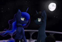 Size: 1280x853 | Tagged: safe, artist:marsminer, princess luna, oc, oc:midnight song, g4, balcony, canon x oc, commission, love, moon, night, shipping, stars