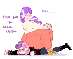 Size: 960x785 | Tagged: safe, artist:secretgoombaman12345, diamond tiara, sweetie belle, human, ask chubby diamond, g4, animated, chubby, crushing, dialogue, duo, fat, female, humanized, meanie belle, obese, simple background, sitting, spiked wristband, tumblr, white background, wristband