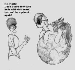 Size: 818x768 | Tagged: safe, artist:mach-volt, oc, oc:stardust mach, human, pegasus, pony, funny, humanized, mod, monochrome, pluto (planet), pony on pluto, ponysona, tangible heavenly object, traditional art, tumblr