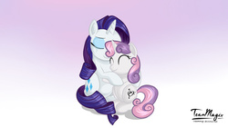 Size: 1024x576 | Tagged: safe, artist:teammagix, rarity, sweetie belle, g4, crying, hug, older, sisters, tears of joy