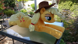 Size: 5312x2988 | Tagged: safe, artist:neysanight, applejack, g4, irl, life size, photo, plushie, prone, solo