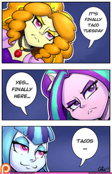 Size: 858x1326 | Tagged: safe, artist:nekocrispy, adagio dazzle, aria blaze, sonata dusk, equestria girls, g4, :3, bedroom eyes, comic, it's finally a friday, jojo's bizarre adventure, parody, patreon, sonataco, stardust crusaders, taco tuesday, that girl sure loves tacos, that siren sure does love tacos, the dazzlings