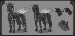 Size: 2643x1279 | Tagged: safe, artist:setarium, oc, oc only, changeling, comparison, design, female, grayscale, male, monochrome, sketch, standing