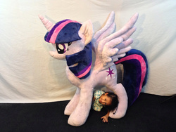 Size: 900x675 | Tagged: safe, artist:karasunezumi, twilight sparkle, alicorn, human, pony, g4, irl, irl human, life size, photo, plushie, solo, spread wings, target demographic, twilight sparkle (alicorn), wings