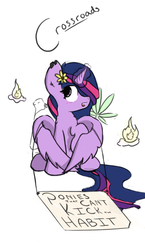 Size: 543x934 | Tagged: safe, artist:woona, twilight sparkle, alicorn, pony, g4, cute, ear piercing, earring, female, flower, flower in hair, fluffy, jewelry, logo, mare, marijuana, open mouth, piercing, ponies that can't kick the habit, raised hoof, sign, sitting, smiling, solo, spread wings, twilight sparkle (alicorn), wing hands