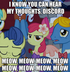 Size: 550x559 | Tagged: safe, screencap, apple bloom, caesar, count caesar, masquerade, perfect pace, perry pierce, pokey pierce, sunshower raindrops, earth pony, pony, g4, make new friends but keep discord, my little pony: friendship is magic, season 5, cropped, female, filly, foal, image macro, implied discord, male, meme, meow mix, simpsons did it, stallion, telepathy, the boy who knew too much, the simpsons