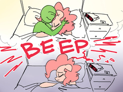 Size: 1000x750 | Tagged: safe, artist:nobody, artist:pink-dooples, edit, pinkie pie, oc, oc:anon, human, series:anon's alarm clock, g4, alarm clock, bed, dream, duo, female, human fetish, male, reality ensues, reality sucks, role reversal, sad, snuggling, straight