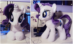 Size: 1290x783 | Tagged: safe, artist:buttercupbabyppg, rarity, g4, beanie (plushie), irl, photo, plushie, prone, sewing machine, solo