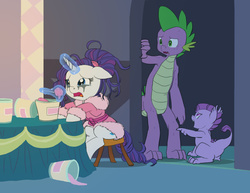 Size: 1176x910 | Tagged: safe, artist:carnifex, rarity, spike, oc, oc:lavender, dracony, hybrid, g4, adult, adult spike, annoyed, bathrobe, cartoon physics, clothes, comfort eating, crying, digestion without weight gain, father and child, father and son, female, floppy ears, frown, hammerspace, hammerspace belly, ice cream, interspecies offspring, magic, male, marshmelodrama, mascara, mascarity, messy mane, mother and child, mother and son, offspring, older, older spike, open mouth, parent:rarity, parent:spike, parents:sparity, pointing, rarity being rarity, robe, running makeup, sad, ship:sparity, shipping, sitting, stool, story in the comments, straight, stuffing, telekinesis