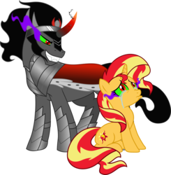 Size: 3000x3066 | Tagged: safe, artist:theshadowstone, king sombra, sunset shimmer, pony, unicorn, g4, alternate universe, backwards cutie mark, bad end, crying, curved horn, dark magic, duo, high res, horn, magic, pouting, sad, simple background, sombra eyes, sunsad shimmer, transparent background, vector