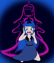 Size: 1017x1183 | Tagged: safe, artist:phallen1, princess luna, tantabus, human, do princesses dream of magic sheep, g4, 30 minute art challenge, clothes, crying, dress, humanized