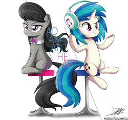 Size: 1685x1574 | Tagged: safe, artist:the-butch-x, dj pon-3, octavia melody, vinyl scratch, earth pony, pony, unicorn, g4, belly button, bow, bowtie, cute, duo, female, headphones, mare, signature, sitting, smiling, smirk, stool, unamused, underhoof