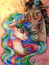 Size: 2380x3165 | Tagged: safe, artist:frostykat13, discord, princess celestia, g4, female, high res, male, ship:dislestia, shipping, straight, traditional art