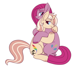 Size: 549x523 | Tagged: safe, artist:lulubell, pinkie pie, oc, oc:lulubell, g4, canon x oc, female, hug, lesbian, pinkamena diane pie, shipping, simple background, transparent background