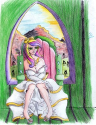 Size: 2065x2689 | Tagged: safe, artist:dashprime, queen chrysalis, changeling, human, g4, cleavage, clothes, disguise, disguised changeling, dress, fake cadance, female, glowing eyes, high res, humanized, looking at you, sandals, sitting, smirk, solo, traditional art, window