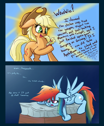 Size: 1000x1200 | Tagged: safe, artist:heir-of-rick, applejack, rainbow dash, g4, bed mane, clock, comic, i have done nothing productive all day, impossibly large ears, mattress, morning ponies, procrastination, productive, sun