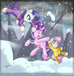 Size: 5888x6069 | Tagged: safe, artist:thebrokencog, rarity, starlight glimmer, sweetie belle, pony, unicorn, g4, the cutie map, absurd resolution, abuse, angry, chouriki sentai ohranger, clothes, commission, crossover, female, fight, filly, glimmerbuse, mare, one eye closed, open mouth, power rangers, power rangers zeo, purple ranger, s5 starlight, snow, snowfall, staff, staff of sameness, starlight gets what's coming to her, super sentai, yellow ranger