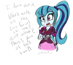 Size: 1000x900 | Tagged: dead source, safe, artist:wubcakeva, sonata dusk, equestria girls, g4, dialogue, female, reaction, solo, sonataco, that girl sure loves tacos, that siren sure does love tacos