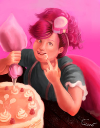 Size: 600x768 | Tagged: safe, artist:agataczerw, pinkie pie, human, g4, cake, fat, female, humanized, icing bag, obese, pudgy pie, solo