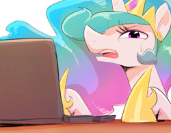 Size: 626x485 | Tagged: dead source, safe, artist:sunibee, princess celestia, alicorn, pony, g4, 2015, annoyed, computer, female, laptop computer, mare, open mouth, reaction image, simple background, solo, sweat, white background