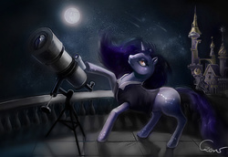 Size: 1024x704 | Tagged: safe, artist:agataczerw, oc, oc only, pony, unicorn, castle, mare in the moon, moon, night, solo, telescope