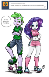 Size: 700x1089 | Tagged: safe, artist:pia-sama, rarity, spike, equestria girls, g4, ask, belly button, clothes, cosplay, female, football, human spike, male, mario strikers, midriff, ship:sparity, shipping, straight, super mario bros., super mario strikers, tumblr