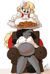 Size: 1280x1894 | Tagged: safe, artist:093, oc, oc only, anthro, belly, big belly, breasts, cleavage, fat, feedee, feeder, female, stuffed, stuffing