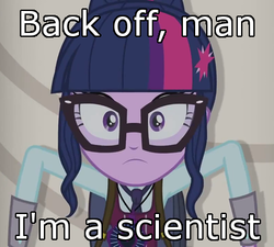 Size: 400x360 | Tagged: safe, screencap, sci-twi, twilight sparkle, equestria girls, g4, my little pony equestria girls: friendship games, ghostbusters, glasses, hiding, image macro, magic capture device, meme, scientist, sneaking, solo, starcraft 2