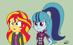 Size: 1188x740 | Tagged: safe, artist:mlpcandimochis1234, sonata dusk, sunset shimmer, equestria girls, g4, female, shocked, smirk, solo