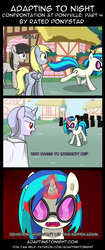 Size: 850x2020 | Tagged: safe, artist:terminuslucis, derpy hooves, dj pon-3, octavia melody, vinyl scratch, oc, oc:seeker, earth pony, pegasus, pony, undead, unicorn, vampire, vampony, comic:adapting to night, comic:adapting to night: confrontation at ponyville, g4, awesome, badass, comic, cult, cultist, dhampir, fangs, female, glowing, glowing eyes, magic, magic aura, mare, oc villain, ponyville, pre-mortem one-liner, protecting, red eyes, vinyl the vampire