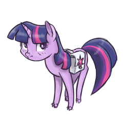 Size: 900x900 | Tagged: safe, artist:king-kakapo, twilight sparkle, pony, unicorn, g4, cloven hooves, female, mare, saddle bag, scrunchy face, simple background, solo, unicorn twilight, unshorn fetlocks, white background