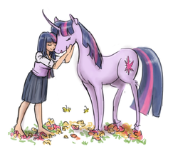 Size: 750x649 | Tagged: safe, artist:king-kakapo, twilight sparkle, butterfly, classical unicorn, horse, human, g4, barefoot, clothes, curved horn, cute, eyes closed, feet, flower, horn, hug, human ponidox, humanized, nuzzling, self ponidox, smiling, unshorn fetlocks