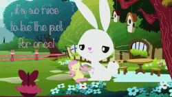 Size: 960x540 | Tagged: safe, edit, edited screencap, screencap, angel bunny, fluttershy, do princesses dream of magic sheep, g4, angelzilla, animated, bird house, brush, brushie, brushing, caption, cute, fence, flower, flutterpet, fluttershy wants to be a pet, fluttershy's cottage, giga angel, macro, missing cutie mark, pink text, role reversal, shyabetes, size difference, text