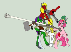 Size: 1500x1100 | Tagged: safe, artist:unoriginalcharacterpleasesteal, oc, oc only, oc:gunrunner, oc:jackslap, oc:mira stronghoof, oc:sharp breath, bat pony, cyborg, earth pony, pony, unicorn, fallout equestria, 10/6, group shot, hammer, harkonnen, hat, mad hatter hat, simple background, sword, the gunrunners, top hat, war hammer, weapon