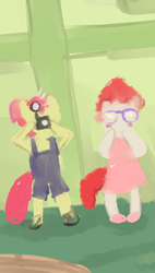 Size: 1089x1923 | Tagged: safe, artist:smudge proof, apple bloom, twist, earth pony, anthro, plantigrade anthro, g4, bipedal, camera, explicit source, exploitable, eythxploithabell