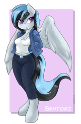 Size: 1249x1920 | Tagged: safe, artist:ambris, oc, oc only, oc:sentoki, pegasus, anthro, unguligrade anthro, belly button, cleavage, colored pupils, female, midriff, solo