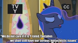 Size: 960x534 | Tagged: safe, edit, edited screencap, screencap, princess luna, tantabus, alicorn, pony, do princesses dream of magic sheep, g4, castle of the royal pony sisters, discussion in the comments, dream, eyes closed, female, image macro, mare, meme, nightmare, psychology in the comments, tv rating