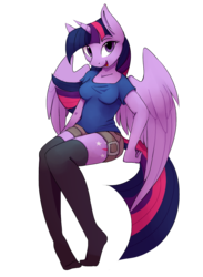 Size: 1100x1500 | Tagged: safe, artist:php41, derpibooru exclusive, twilight sparkle, alicorn, anthro, plantigrade anthro, g4, breasts, clothes, female, looking at you, missing shoes, open mouth, reasonably sized breasts, shorts, simple background, sitting, socks, solo, stockings, thigh highs, transparent background, twilight sparkle (alicorn)