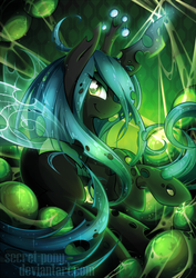 Size: 723x1023 | Tagged: safe, artist:secret-pony, queen chrysalis, changeling, changeling queen, g4, bugbutt, butt, changeling hive, cocoon, crown, egg, female, hive, jewelry, looking at you, plot, regalia, smiling, smirk, solo