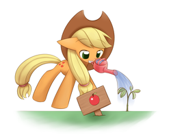Size: 1054x832 | Tagged: safe, artist:howxu, applejack, earth pony, pony, g4, applejack's hat, cowboy hat, female, hat, mare, plant, solo, watering can