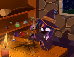 Size: 1290x1000 | Tagged: safe, artist:nod, twilight sparkle, g4, broom, burned, candle, erlenmeyer flask, explosion, hat, night, shooting star, stars, witch, witch hat
